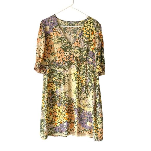 Rails Roma Gardenia Floral Puff Sleeve Yellow Green Dress size XL V-neck Mini - Picture 3 of 10
